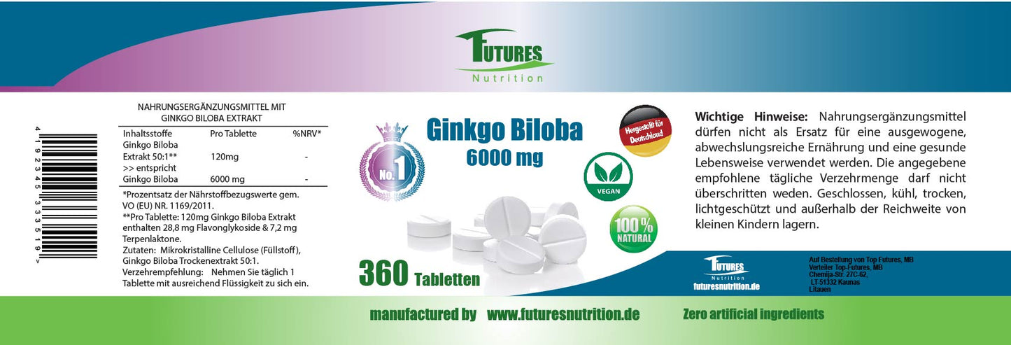 Futures Nutrition Ginkgo Biloba 6000 mg – vegane Tabletten 360 Stück