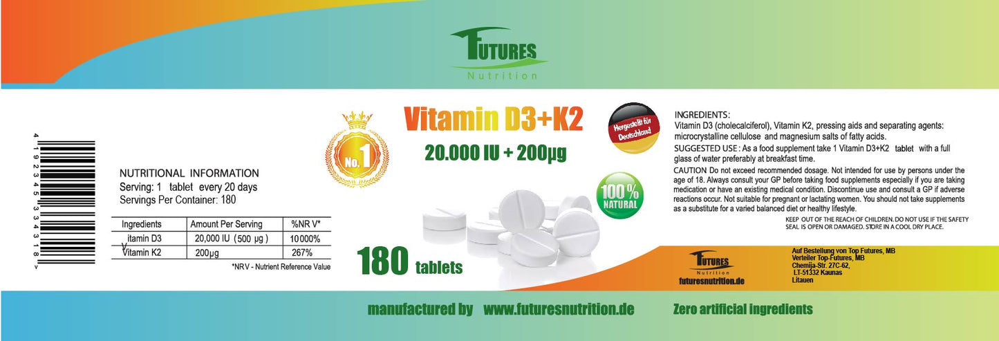 10 X Vitamin D3 20000 I.E + K2 MK7 200 Mcg Super Stark