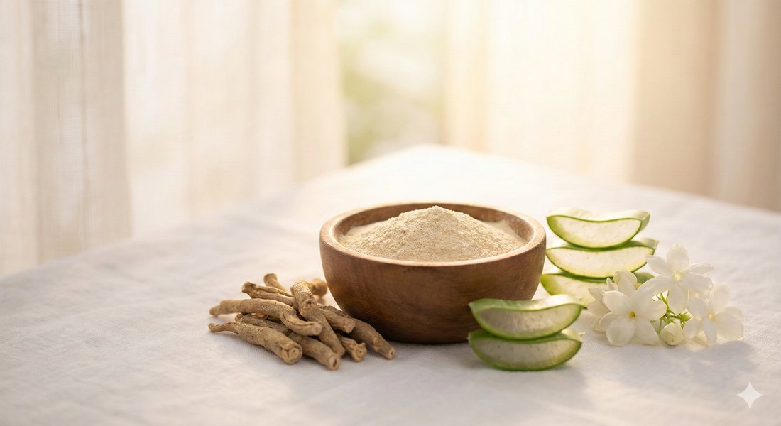Natürliche Hautpflege mit Ashwagandha Pulver und Wurzeln