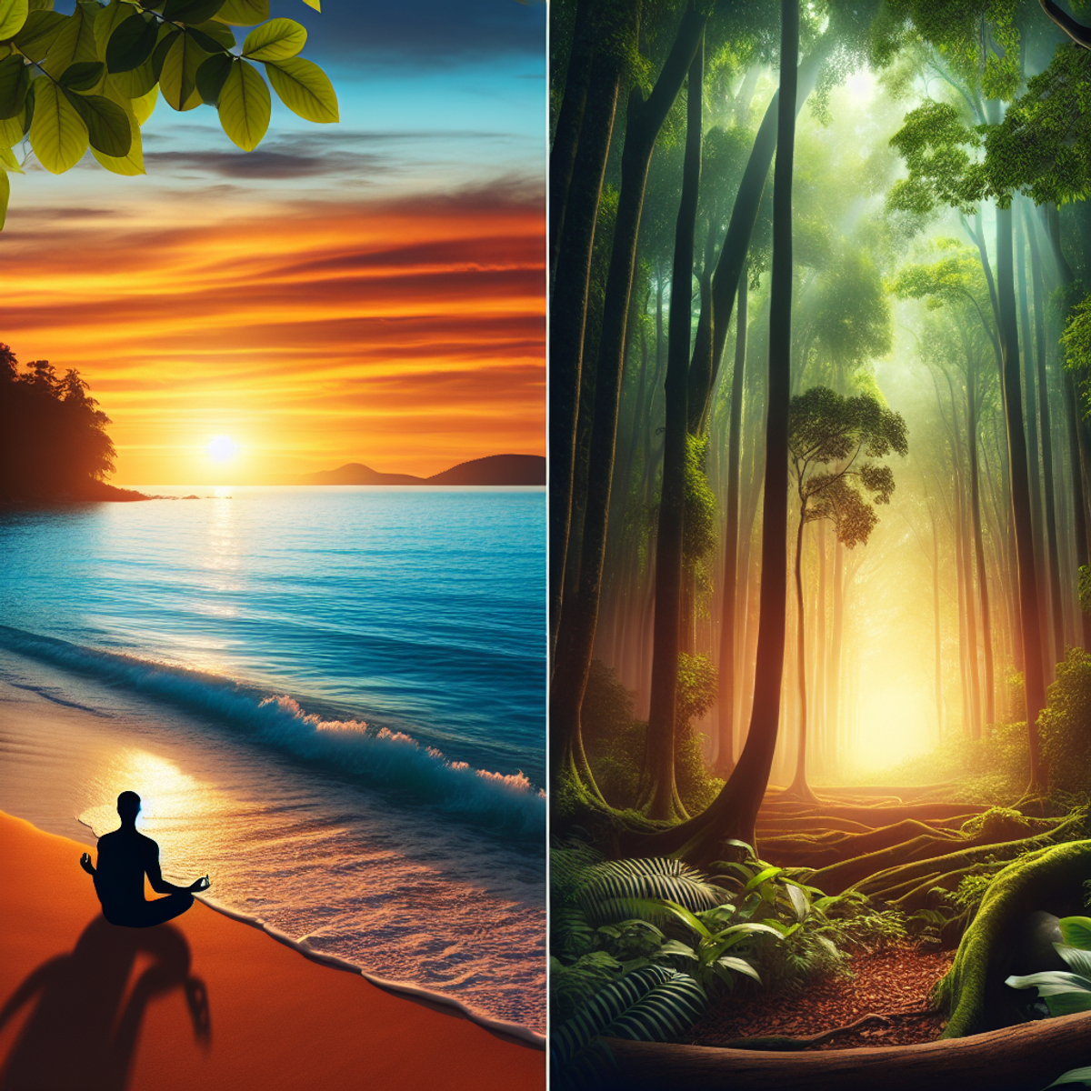 A person meditating in a lush forest with dappled sunlight piercing through the trees.