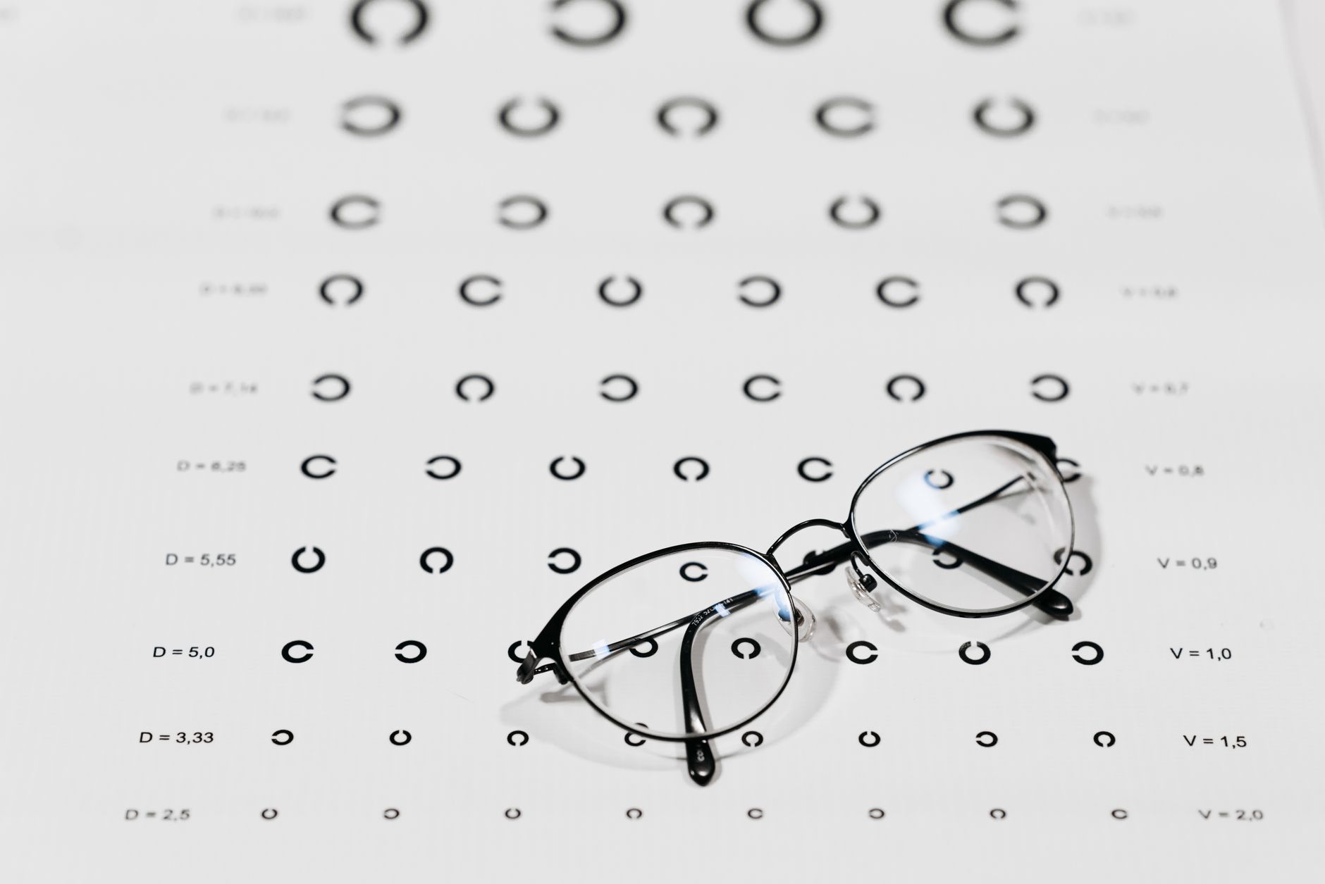 Eine Brille liegt auf einem Sehtestbogen mit Landolt-Ringen