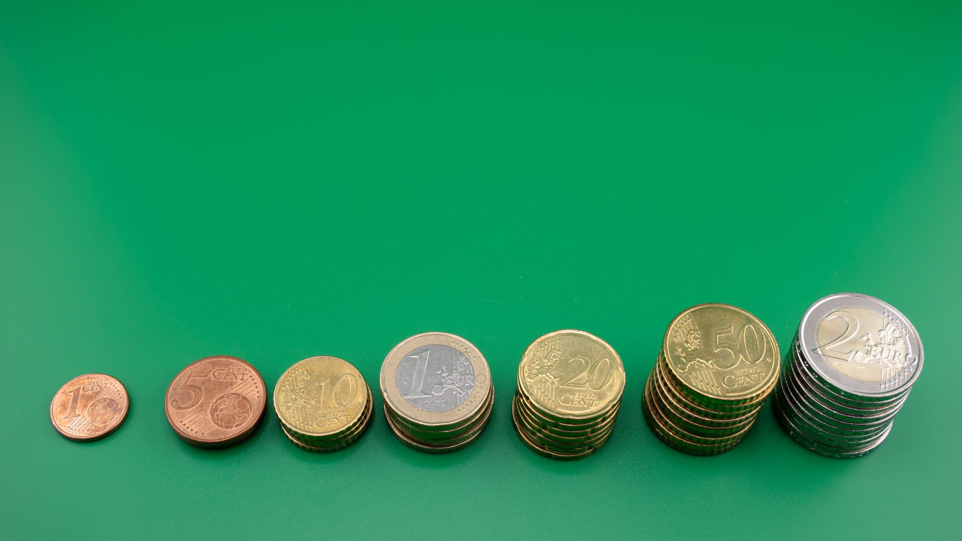 Aufsteigend gestapelte Euromünzen von 1 Cent bis 2 Euro auf grünem Untergrund