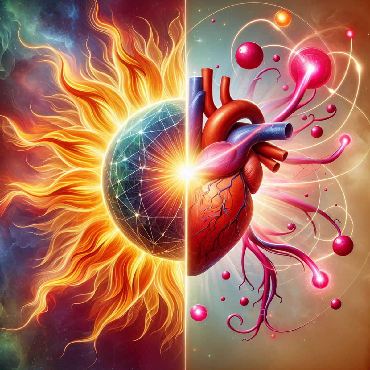 A bright sun with intertwining abstract metaphysical bonds and a glowing heart.