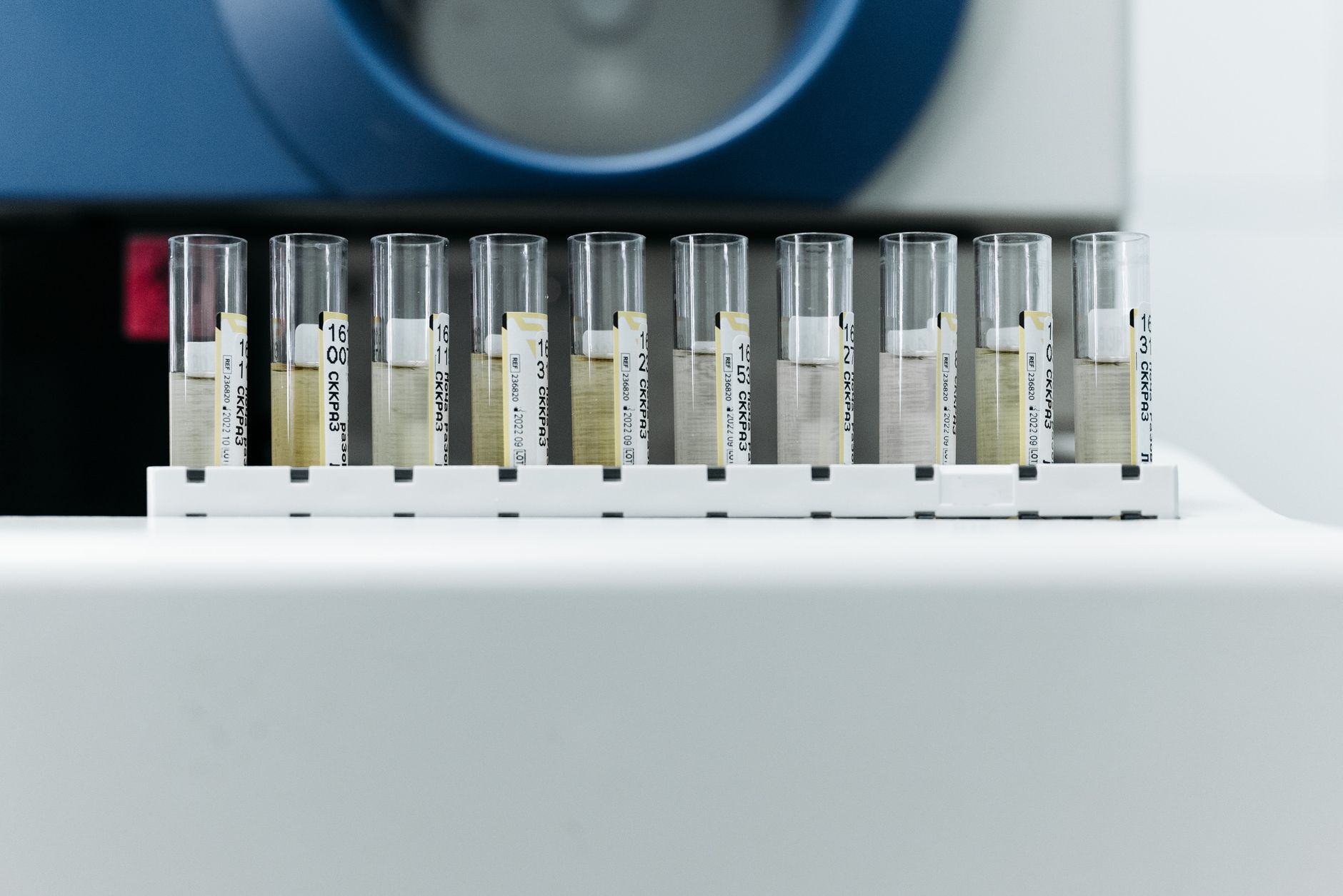 Beschriftete Probenröhrchen im Gestell vor einem Analysengerät