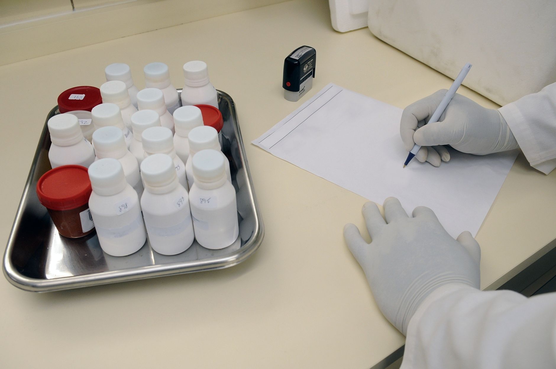 Laboratory worker in gloves noting a finding next to a tray of sample tubes