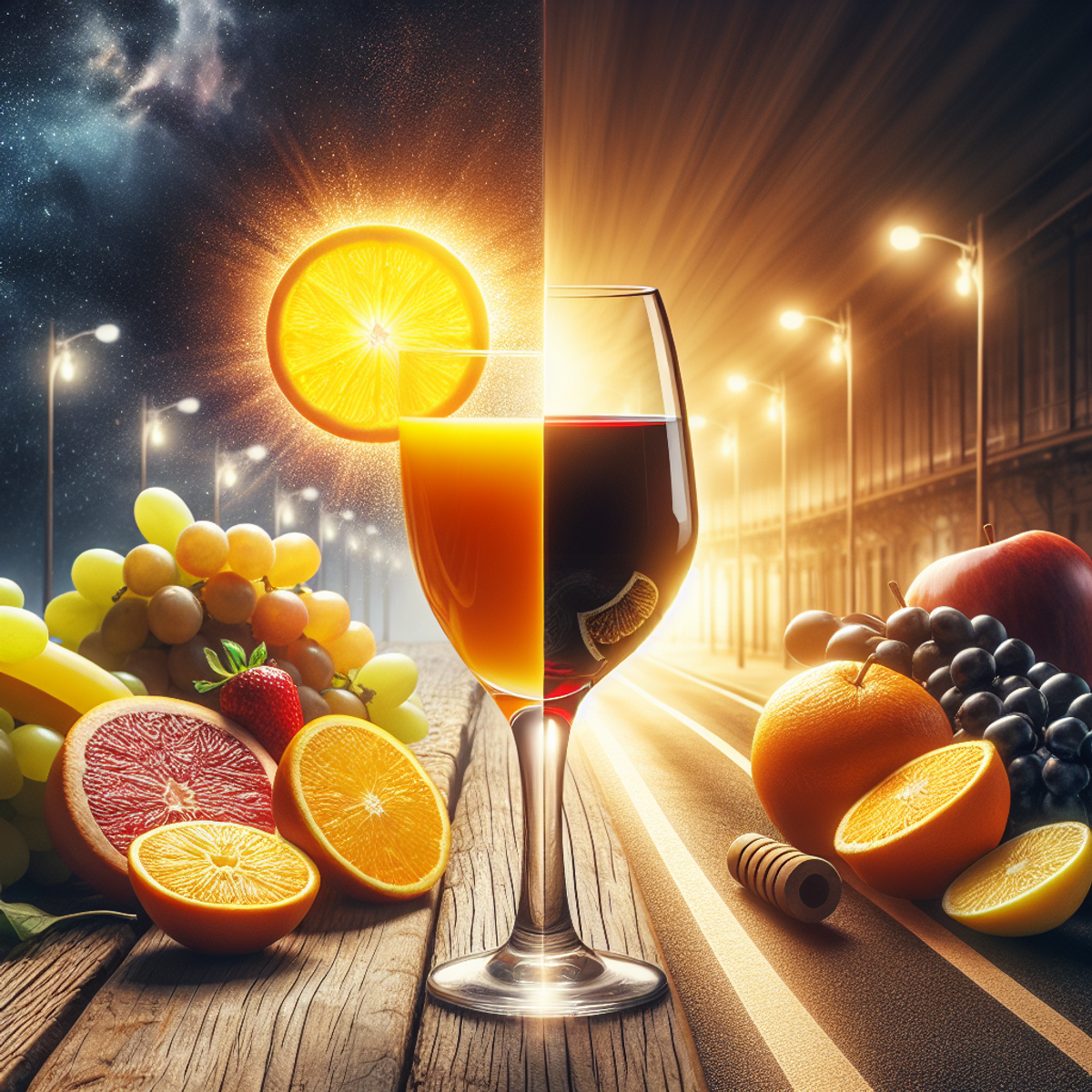 A Glass of Fresh Orange Juice and a Glass of Red Wine Placed Side by Side on A Wooden Table, with a background divided into two halves - one representing health and wellness, and the other depict the potential harmful aspects of drinking alcohol.