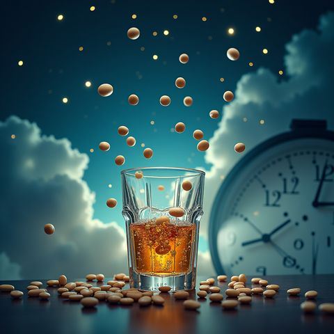 Glas mit alkoholischem Getränk, umgeben von Melatonin-Tabletten, vor einer Uhr