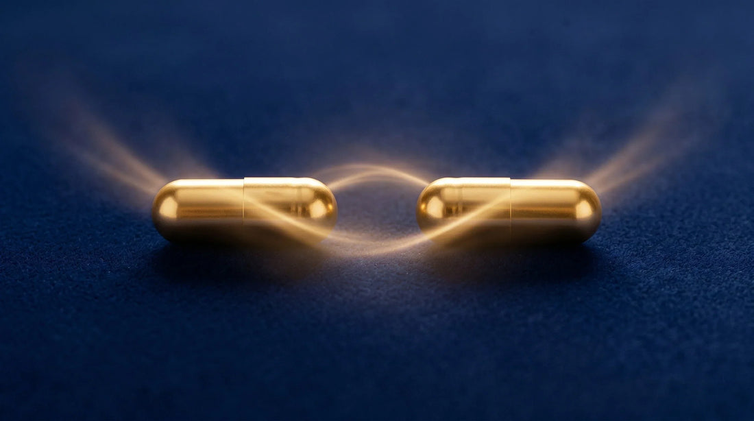 Goldene Vitamin D3 und K2 Kapseln nebeneinander – die synergetische Kombination