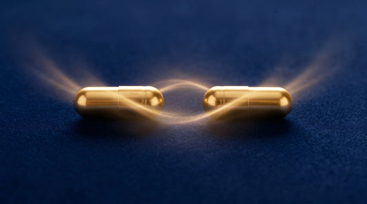 Goldene Vitamin D3 und K2 Kapseln nebeneinander – die synergetische Kombination