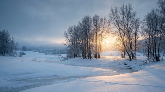 Verschneite Winterlandschaft mit schwacher Sonne – Vitamin D3 K2 Supplementierung im Winter