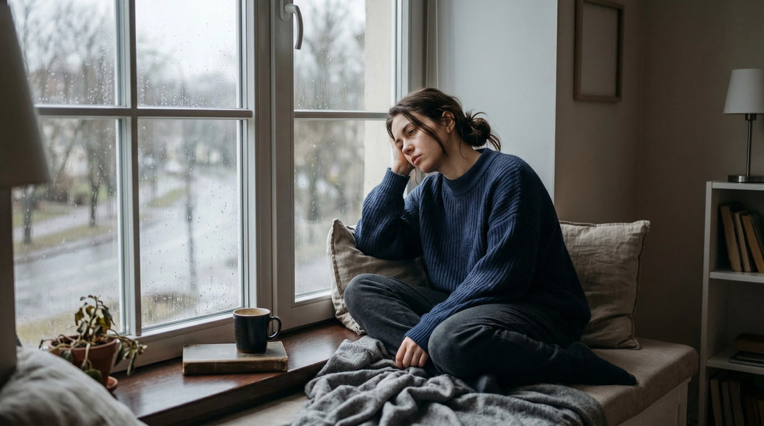 Müde, erschöpfte Frau am Fenster bei trübem Wetter – Anzeichen von Vitamin-D-Mangel