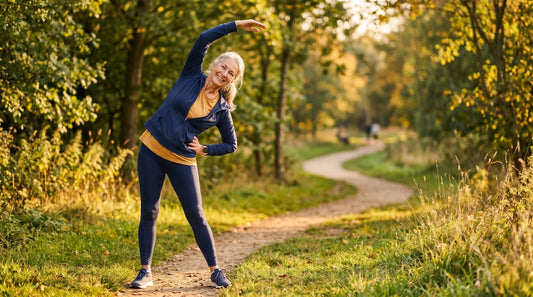 Aktive Seniorin macht Dehnübungen im sonnigen Park – Vitamin D3 K2 für starke Knochen