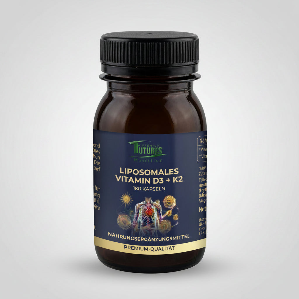 Hochwertiges liposomales Vitamin D3 K2 Präparat in Amber-Glasflasche mit goldenen Kapseln