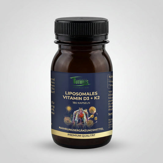 Hochwertiges liposomales Vitamin D3 K2 Präparat in Amber-Glasflasche mit goldenen Kapseln