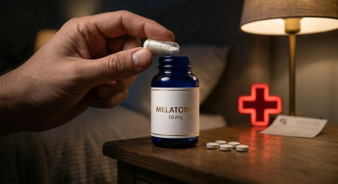 Menschliche Hand hält eine Melatonin 10 mg Kapsel, Sicherheitshinweise und Risiken