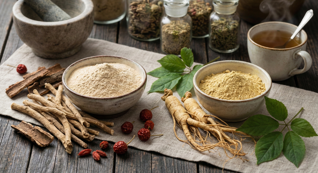 Vergleich von Ashwagandha und Panax Ginseng: Getrocknete Wurzeln und Pulver auf einem Holztisch