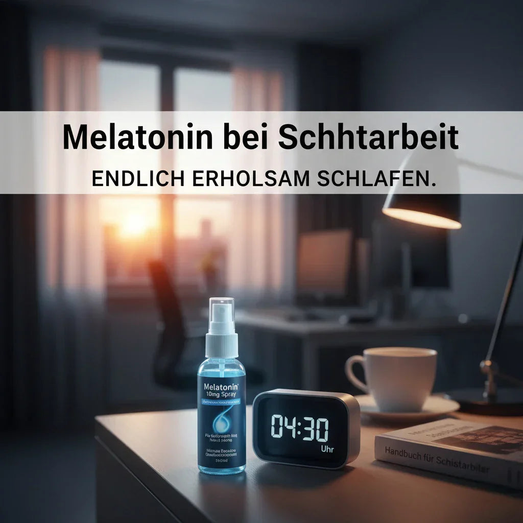 Melatonin 10mg Spray auf einem Nachttisch neben einem digitalen Wecker um 04:30 Uhr – Hilfe beim Einschlafen nach der Nachtschicht.