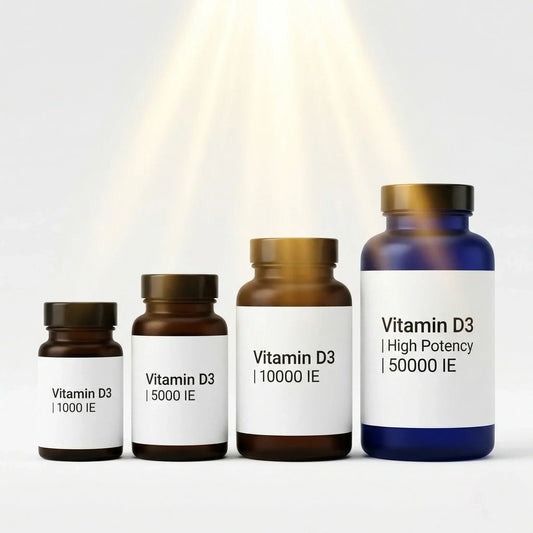 Übersicht der verschiedenen Vitamin D3 Dosierungen von 1000 IE bis 50000 IE für tägliche oder wöchentliche Einnahme.