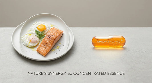 Vergleich des Vitamin D3 Gehalts in Lebensmitteln wie Lachs und Eiern gegenüber hochdosierten Kapseln.