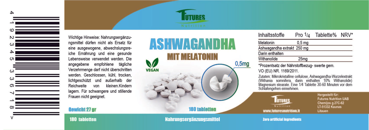 Ashwagandha con melatonina 180 TBALETTES Miglioramento della qualità del sonno + Gestione dello stress