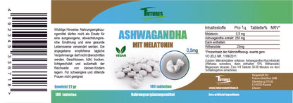 Ashwagandha z melatonin 180 tbalettes Izboljšanje kakovosti spanja + obvladovanje stresa