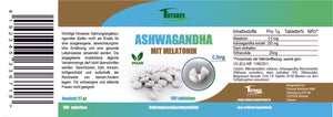 Ashwagandha mit Melatonin 180 Tbaletten Verbesserung der Schlafqualität + Stressbewältigung