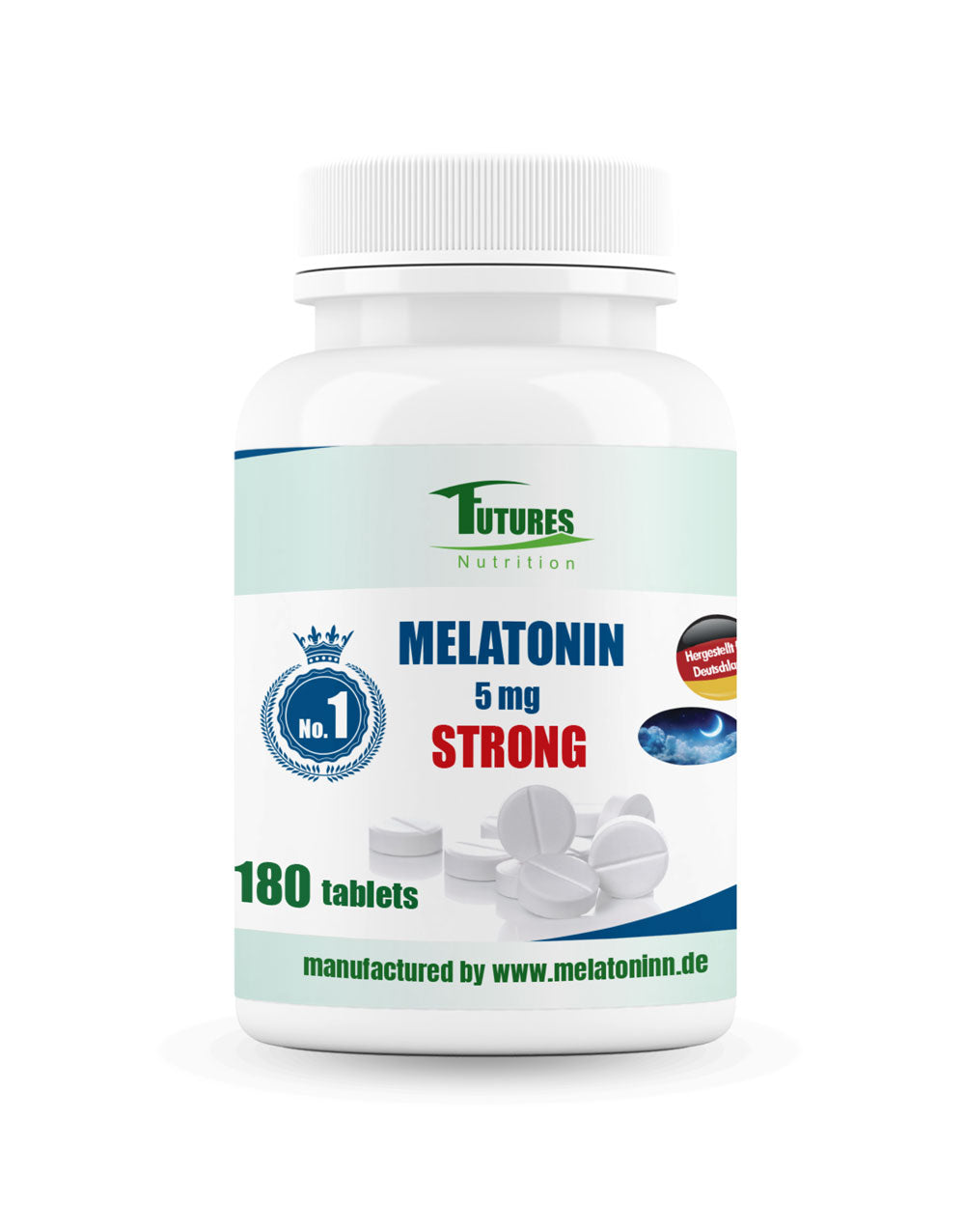 Eine Dose Melatonin Tabletten von Futures Nutrition, hergestellt für den deutschen Markt.