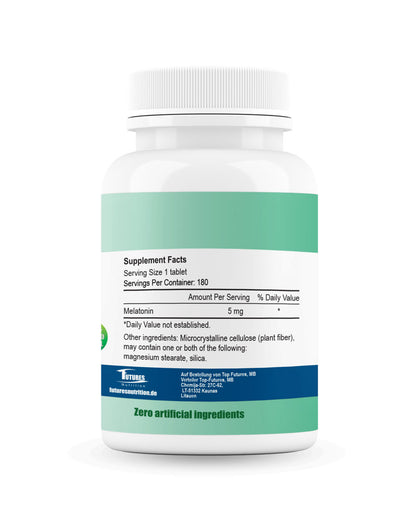 Die Melatonin 5mg STRONG Verpackung zeigt die Warnhinweise zur empfohlenen Einnahme (30 Minuten vor dem Schlafengehen) und zur Vermeidung des Fahrens.