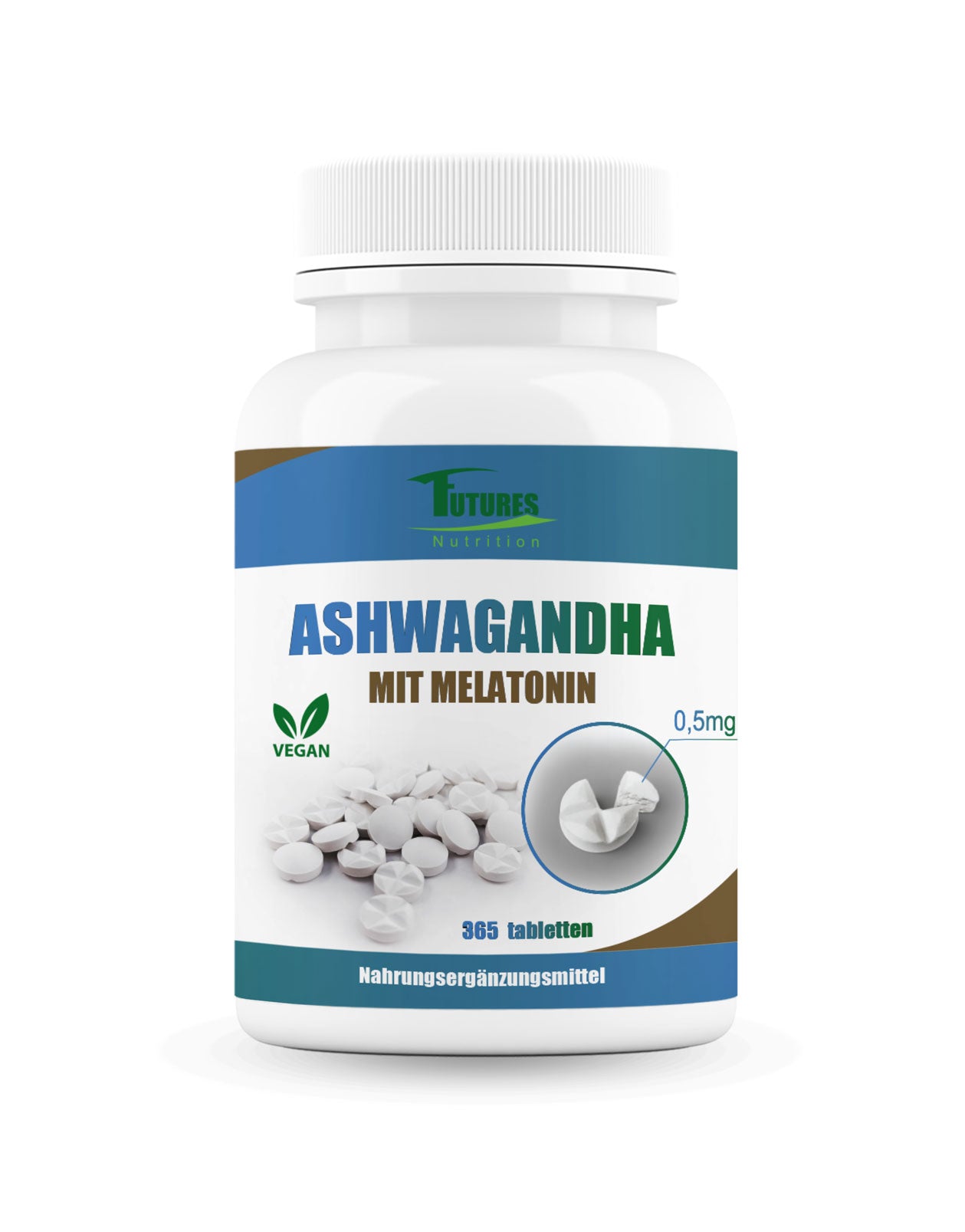 Futures Nutrition Ashwagandha mit Melatonin - Jahresvorrat 365 Tabletten für Schlaf und Entspannung