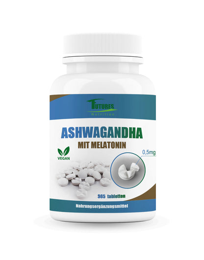 Futures Nutrition Ashwagandha mit Melatonin - Jahresvorrat 365 Tabletten für Schlaf und Entspannung