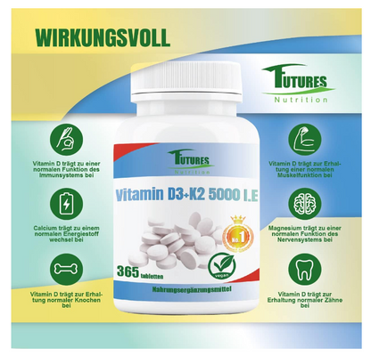 Futures Nutrition Vitamin D3 5000 I.E. + K2 Jahresvorrat Dose mit 365 Tabletten