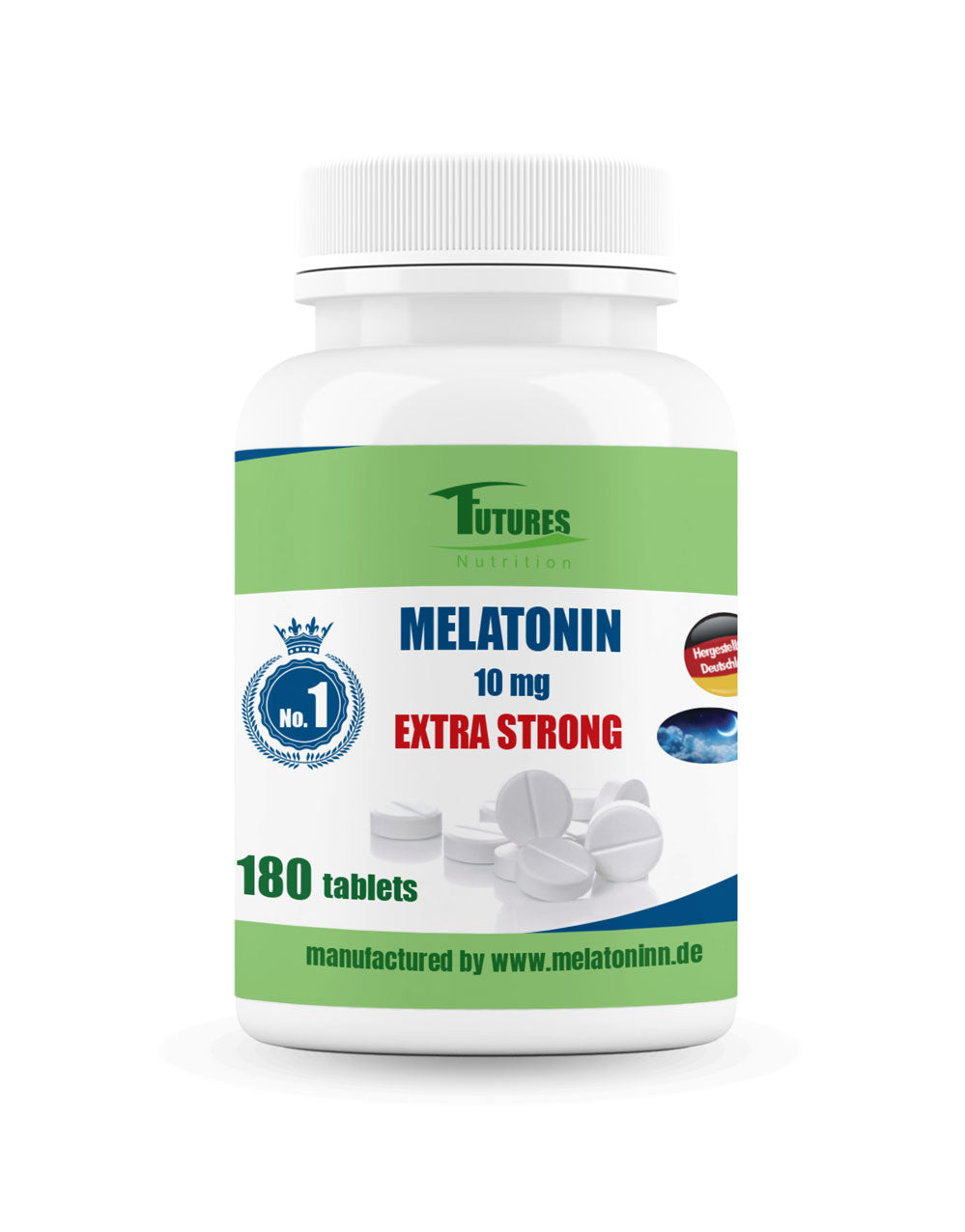 Vorderansicht der weißen Melatonin 10mg Dose mit Etikett und deutscher Kennzeichnung, als hochdosierte Einschlafhilfe.