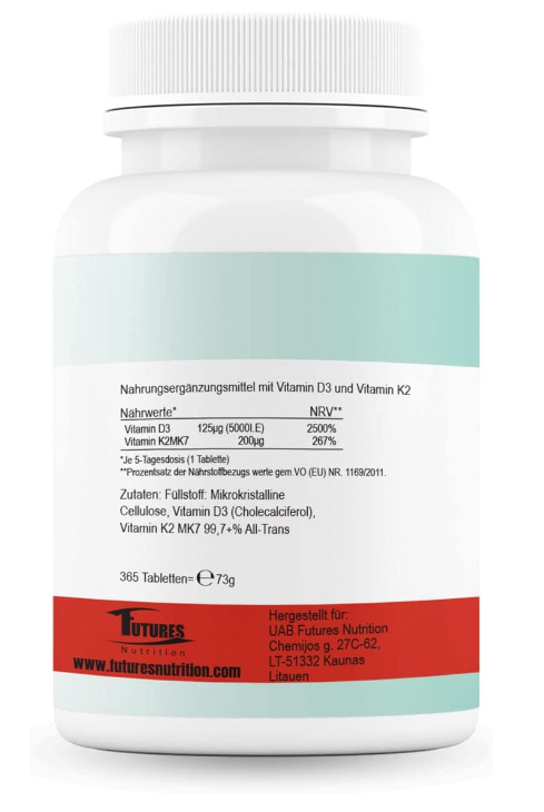Vitamin D3 K2 5000, dvs. 365 tabletter - understøttelse af immunsystemet, knoglestyrke, humørregulering