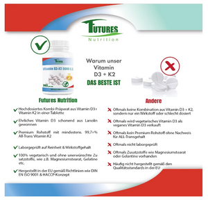 Vitamin D3 K2 5000, dvs. 365 tabletter - understøttelse af immunsystemet, knoglestyrke, humørregulering