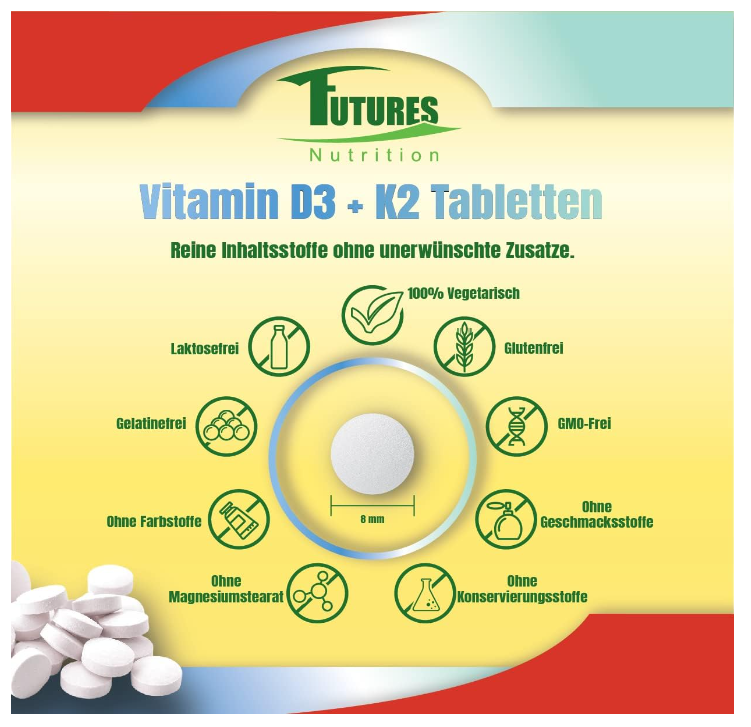 Vitamin D3 K2 5000, dvs. 365 tabletter - understøttelse af immunsystemet, knoglestyrke, humørregulering
