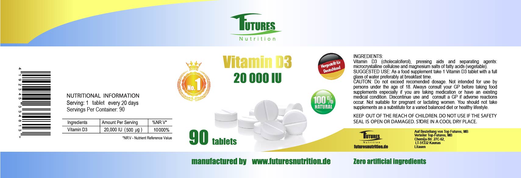 Futures Nutrition Vitamin D3 20.000 IU – 100 % natürliche Tabletten 90 Stück