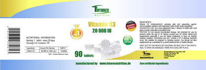 Futures Nutrition Vitamin D3 20.000 IU – 100 % natürliche Tabletten 90 Stück