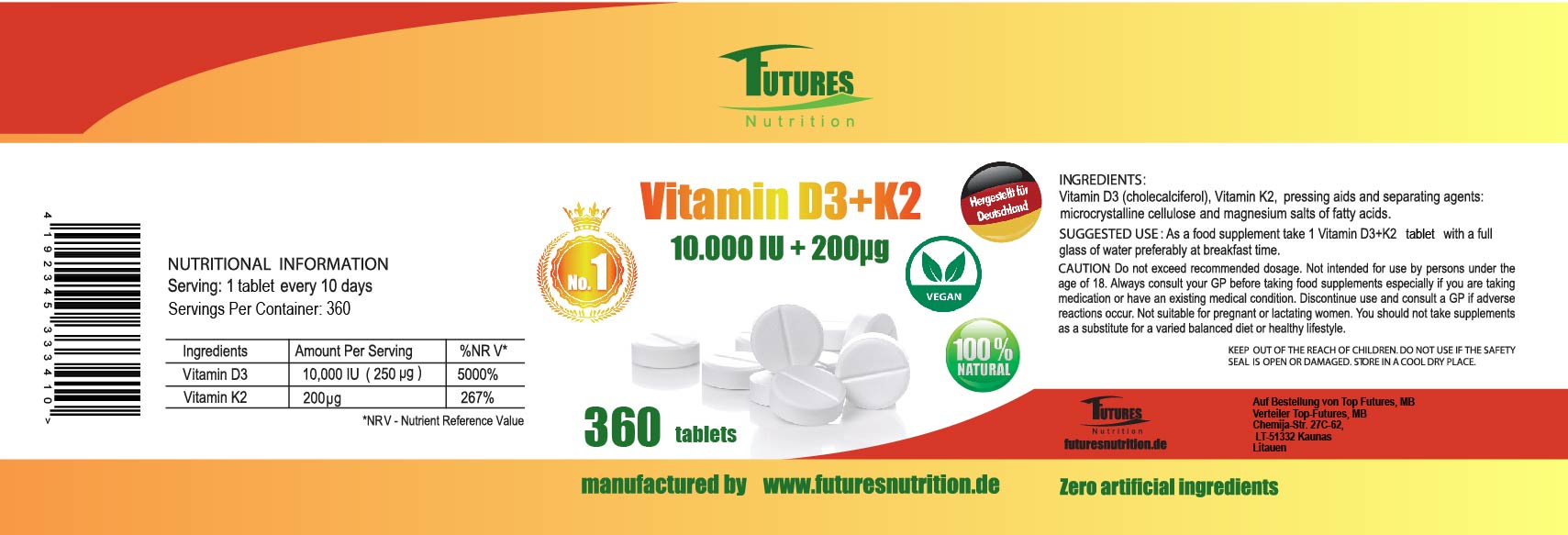 10 x vitamin D3 K2 10000i.e 3600 tabletter