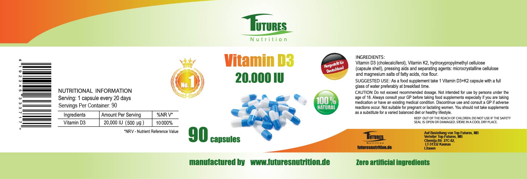50 x vitamin D3 20000 I.E 4500 kapsler