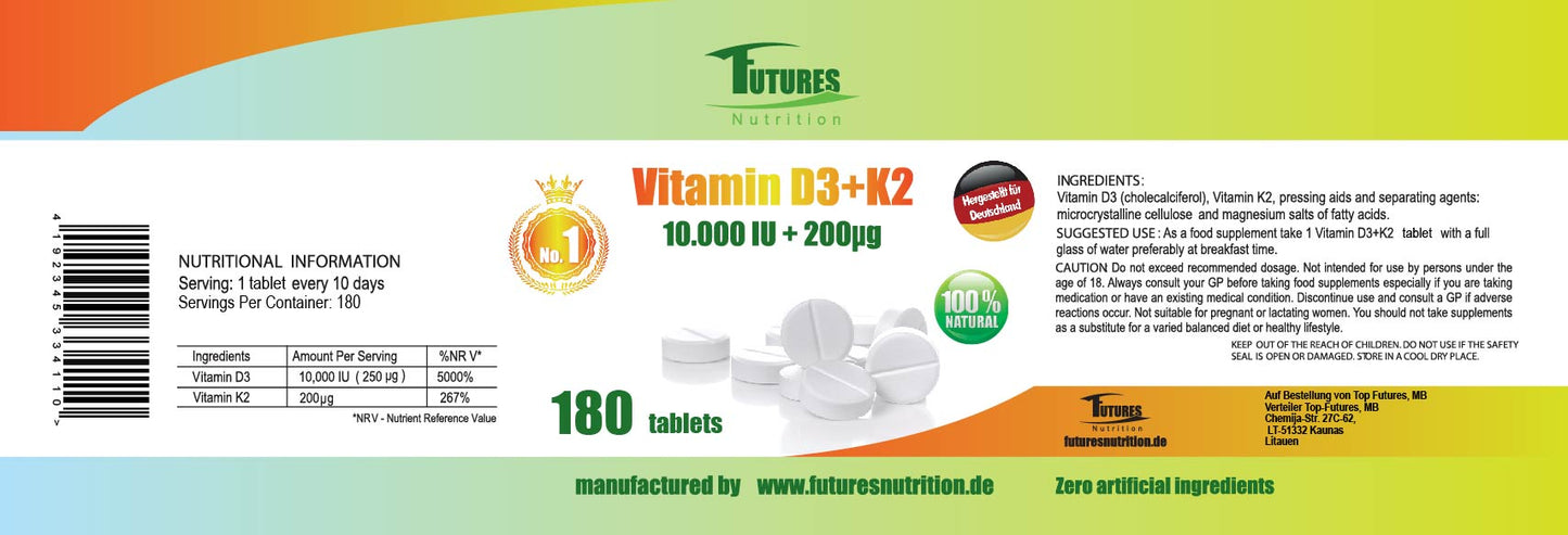 2 x Vitamin D3 + K2 10000i.e 360 ​​tablets