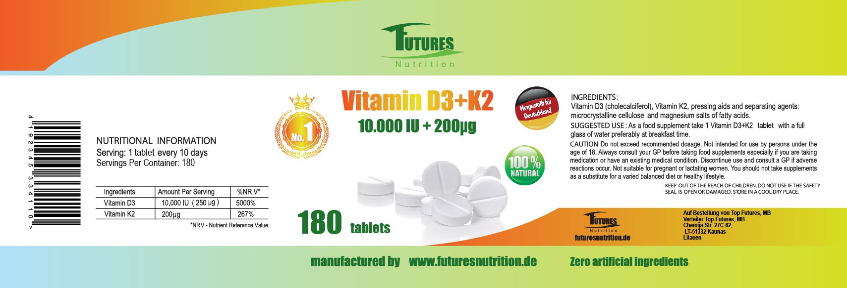 100 x witamina D3 + K2 10000i.E 18000 tabletten