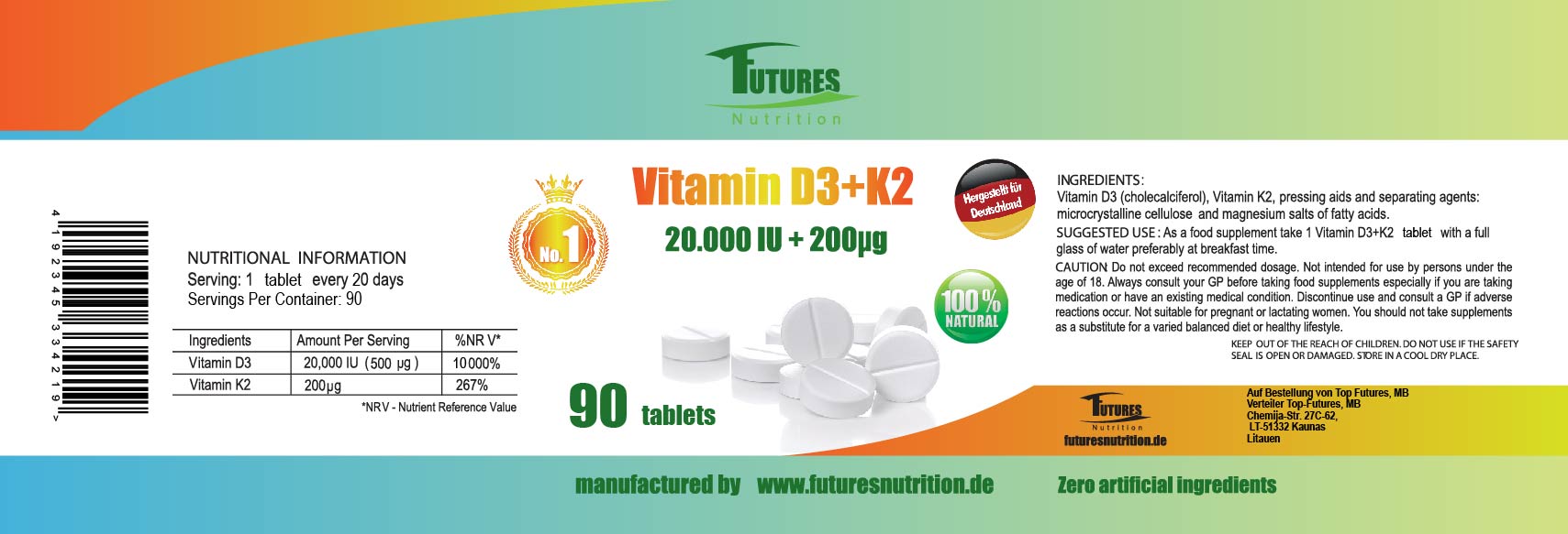 100 x vitamin D3200 + K2 200mcg.Vegan