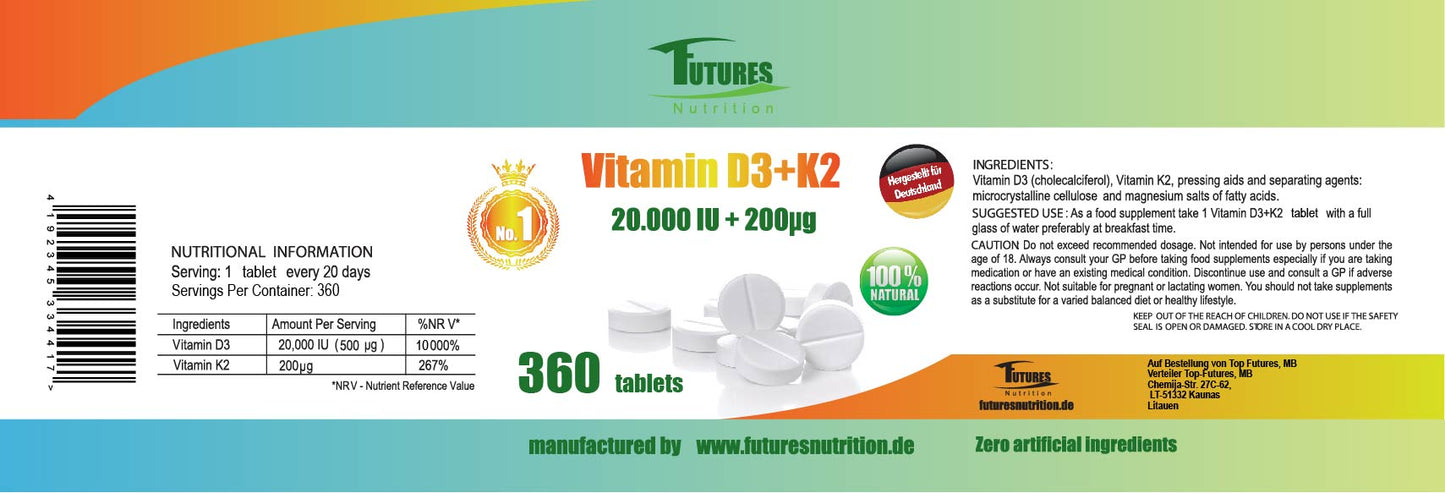 10 x vitamin D3 + K2 MK7 20.000 IE + 200 μg Alle trans