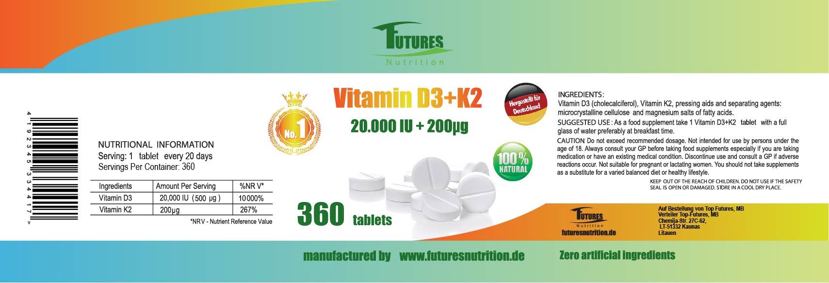 100 x Vitamin D3 + K2 MK7 20,000 IE + 200 μg All Trans