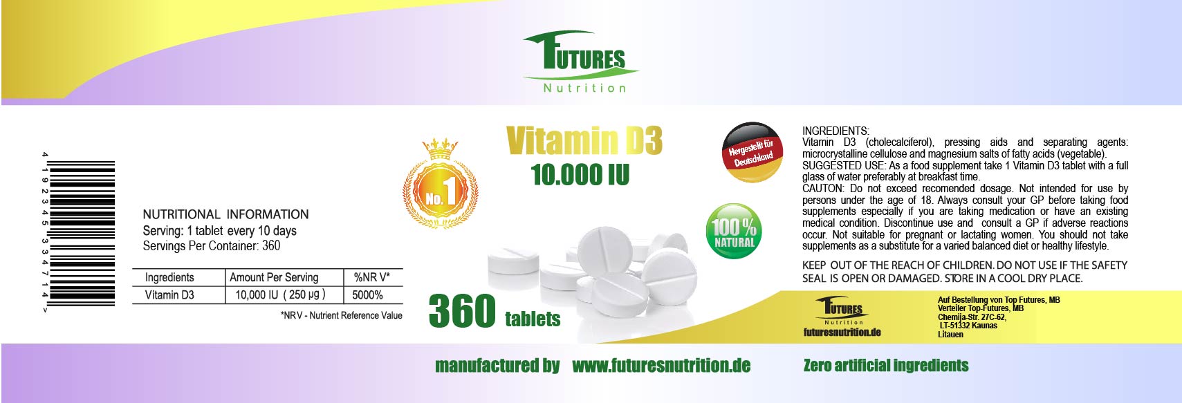 10 x Vitamin D3 10000i.e 3600 tablets