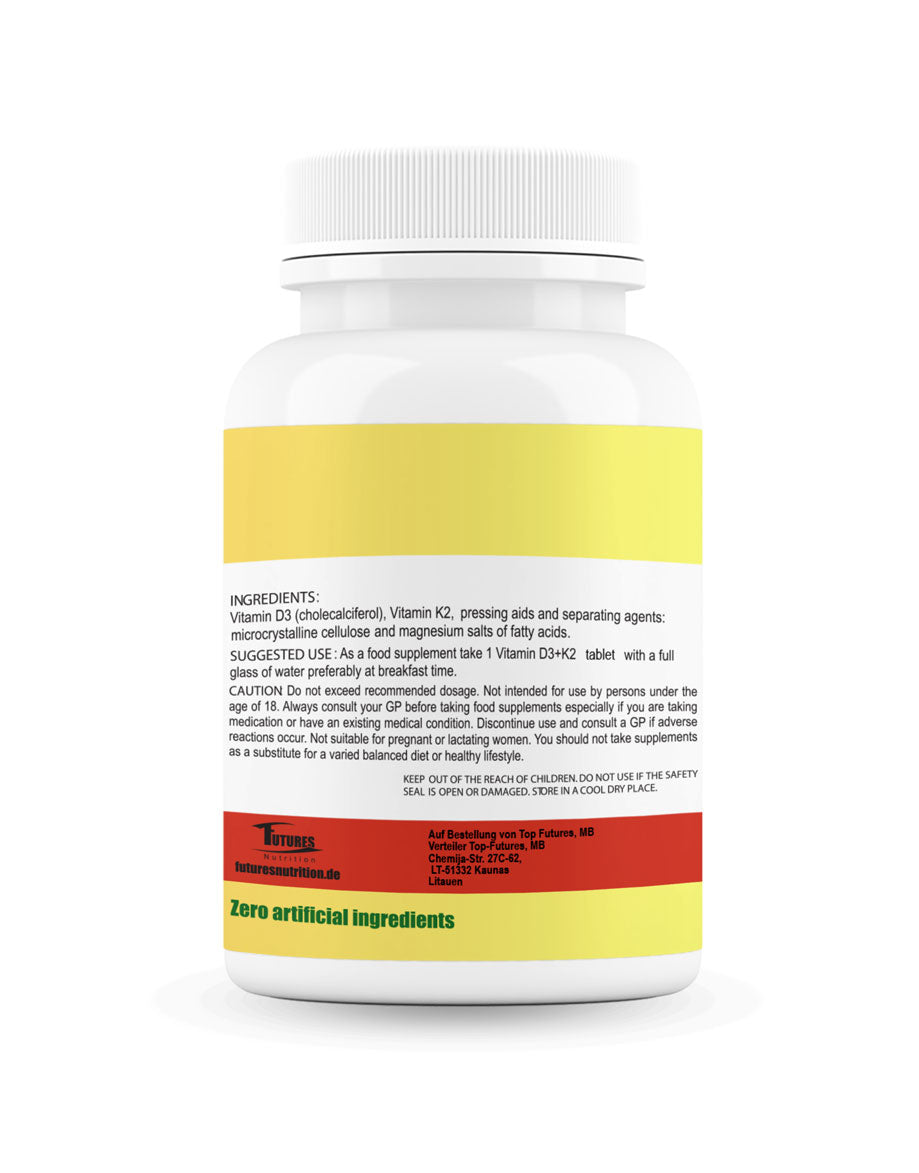 Nahaufnahme einer einzelnen Vitamin D3 K2 10000 IE Tablette in Premium-Qualität