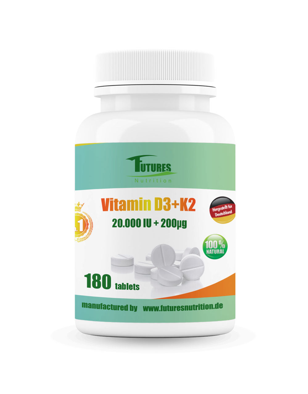 Futures Nutrition veganes Vitamin D3 20.000 I.E. + K2 200 µg Ultra Depot - 180 Tabletten