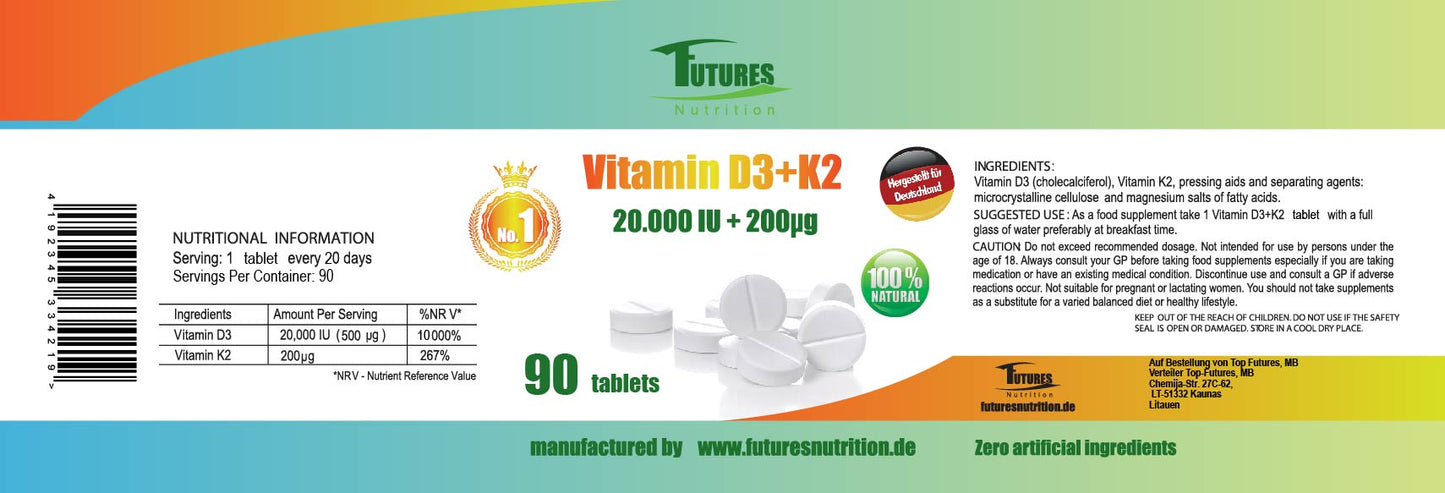 Premium Vitamin D3 + K2 Komplex (20.000 I.E.) - Hergestellt nach strengen deutschen Qualitätsstandards