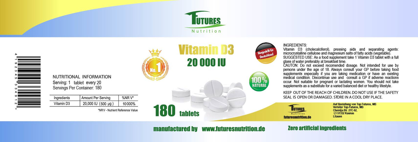 Premium Vitamin D3 20.000 I.E. - Entwickelt nach strengen deutschen Qualitätsstandards