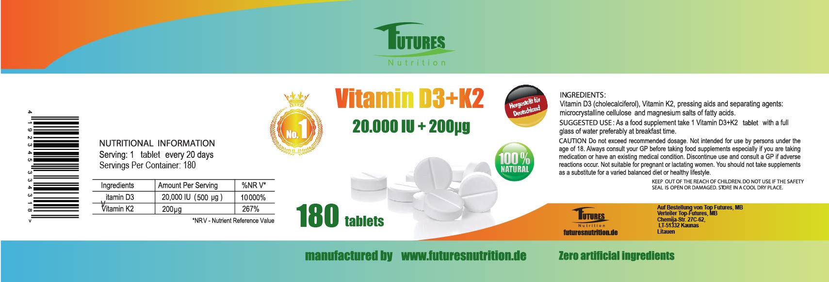 Kleine, vegane Vitamin D3 und K2 Tabletten frei von unerwünschten Zusatzstoffen